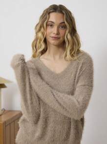 Aralina 宽松柔软 V 领长袖宽松针织毛衣