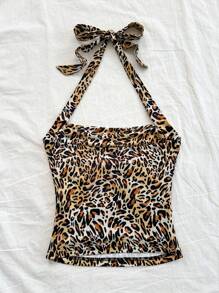 Soleia Women's Leopard & Floral Print Halter Neck Back Tie Tank Top,Beige Summer Boho Vacation Holiday Wear,Hippie Mermaid Top For Party Fall Christmas - Multicolor - View 3