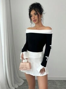 SHEIN Unity New Arrival Knitted Knit Off Shoulder Long Sleeve Bow Decor Fashionable Slim Fit Pullover Sweater For Women Fall Winter - Black and White - View 1