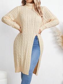 SHEIN LUNE 大码纯色高领开衩长袖休闲套头毛衣针织衫秋冬款 - 米色 - 查看 7