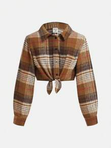 SHEIN Tween Girl Plaid Button-Up Shirt And Fitted Strap Dress 2pcs Set