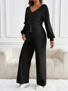 SHEIN Combinaison à manches longues pour femmes enceintes, col en V côtelé torsadé, couleur unie, pour la maternité