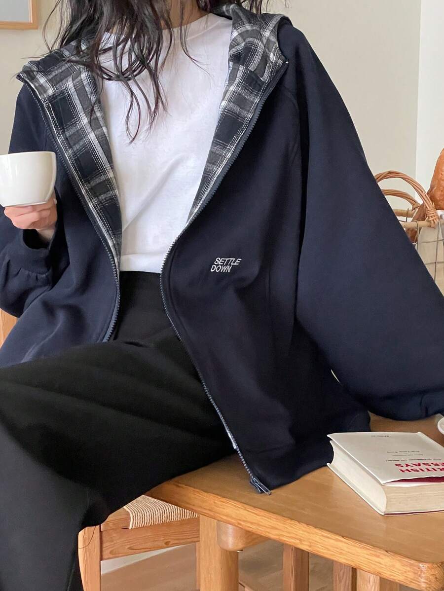 DAZY 女式格纹拼布针织连帽夹克，秋冬款