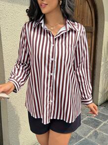 INAWLY Plus Size Striped Print Button Front Pocket Long Sleeve Casual Shirt - Red - View 3