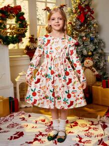 SHEIN Vestido casual de moda con estampado navideño para niña joven, adecuado para reuniones festivas en otoño e invierno - Multicolor - Ver 4
