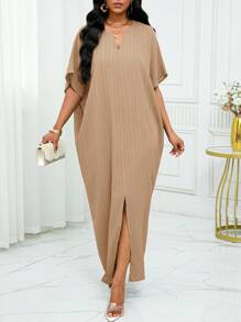 SHEIN Lady Autumn And Summer Simple Solid Notched Batwing Sleeve Split Hem Dress,Summer Dresses For Women