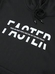 Manfinity Running 男友风男士秋冬标语印花长袖连帽运动衫，配有抽绳和口袋 - 黑色 - 查看 5