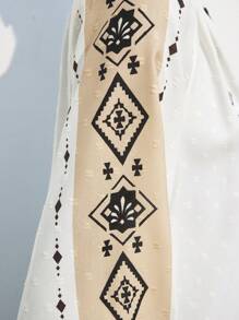 Maija 女士 V 领长袖褶皱花卉印花短款休闲连衣裙 - 杏色 - 查看 7