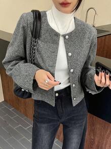 DAZY Women's Elegant Solid Color Single-Breasted Pocket Short Jacket, Suitable For Autumn/Winter,Fall Women Clothes - Grey - View 5