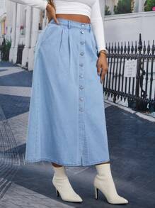 SHEIN Essnce Jupe en jean ample avec boutons devant et finition lavée