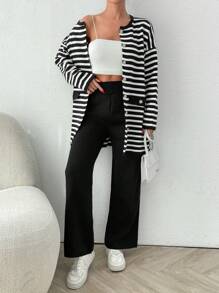 SHEIN Cottnline 2 件套法式条纹翻盖包五金开衫 - 黑色 - 查看 5