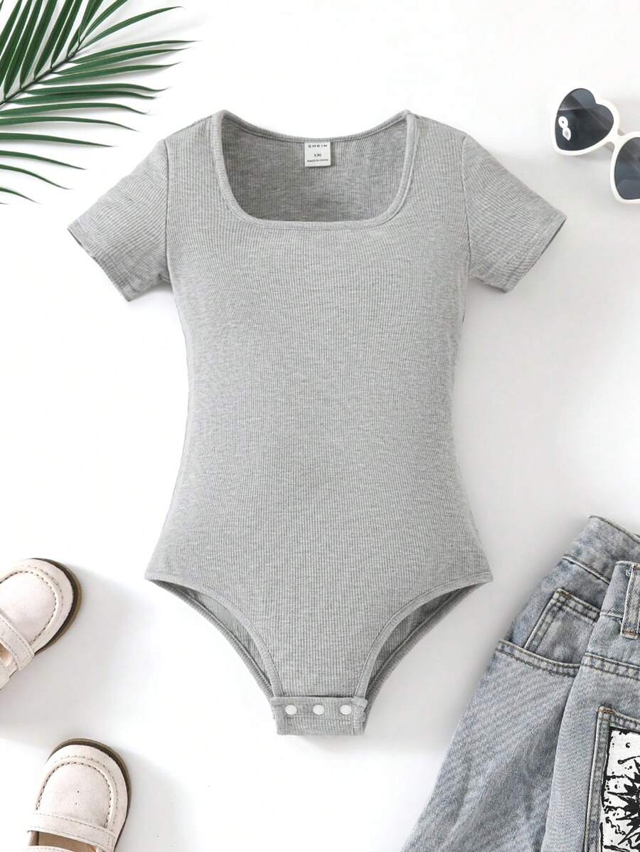 Tween Girls All-Match Solid Color Knit Jumpsuit, Streetwear Style For Spring And Summer - Grey - View 1