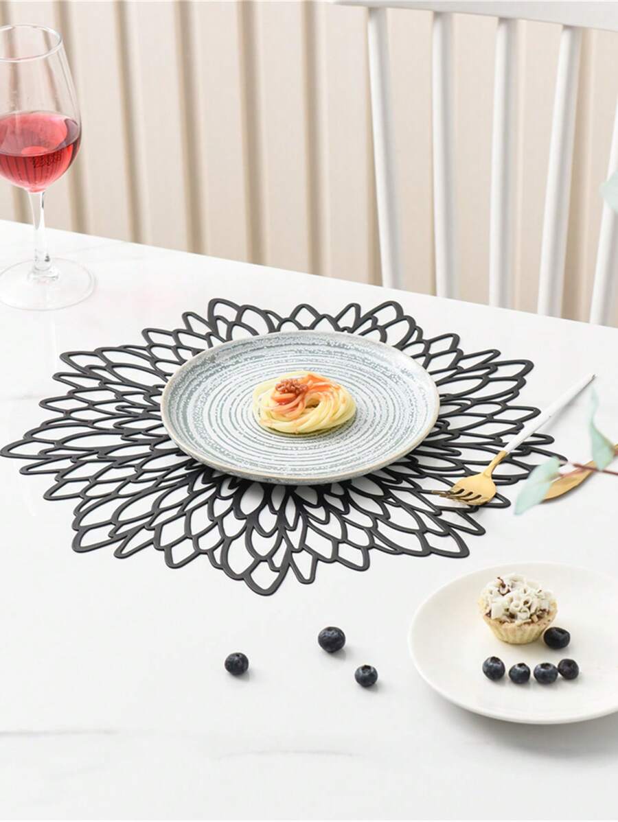 Black Placemats & Coasters ,Matching Washable Pressed PVC Laser Cut Dining Table Mats Round Floral Decoration,Creative Black Flower Design Hollow Out Anti-Slip Table Mat For Christmas Halloween Thanksgiving Wedding(10cm For Coaster , 38cm For Placemat Different Quantity Options) Christmas For Holiday Gift Giving
