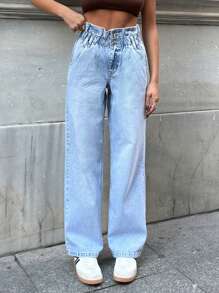 RueChic Casual Washed Paper Bag Waist Straight Leg Jeans