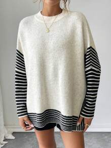 SHEIN Unity Sweater Pullover Longgar Lengan Kelelawar Motif Garis Kasual Wanita, Atasan Lengan Panjang, Pullover Rajut Musim Gugur Musim Dingin - MultiWarna - View 5
