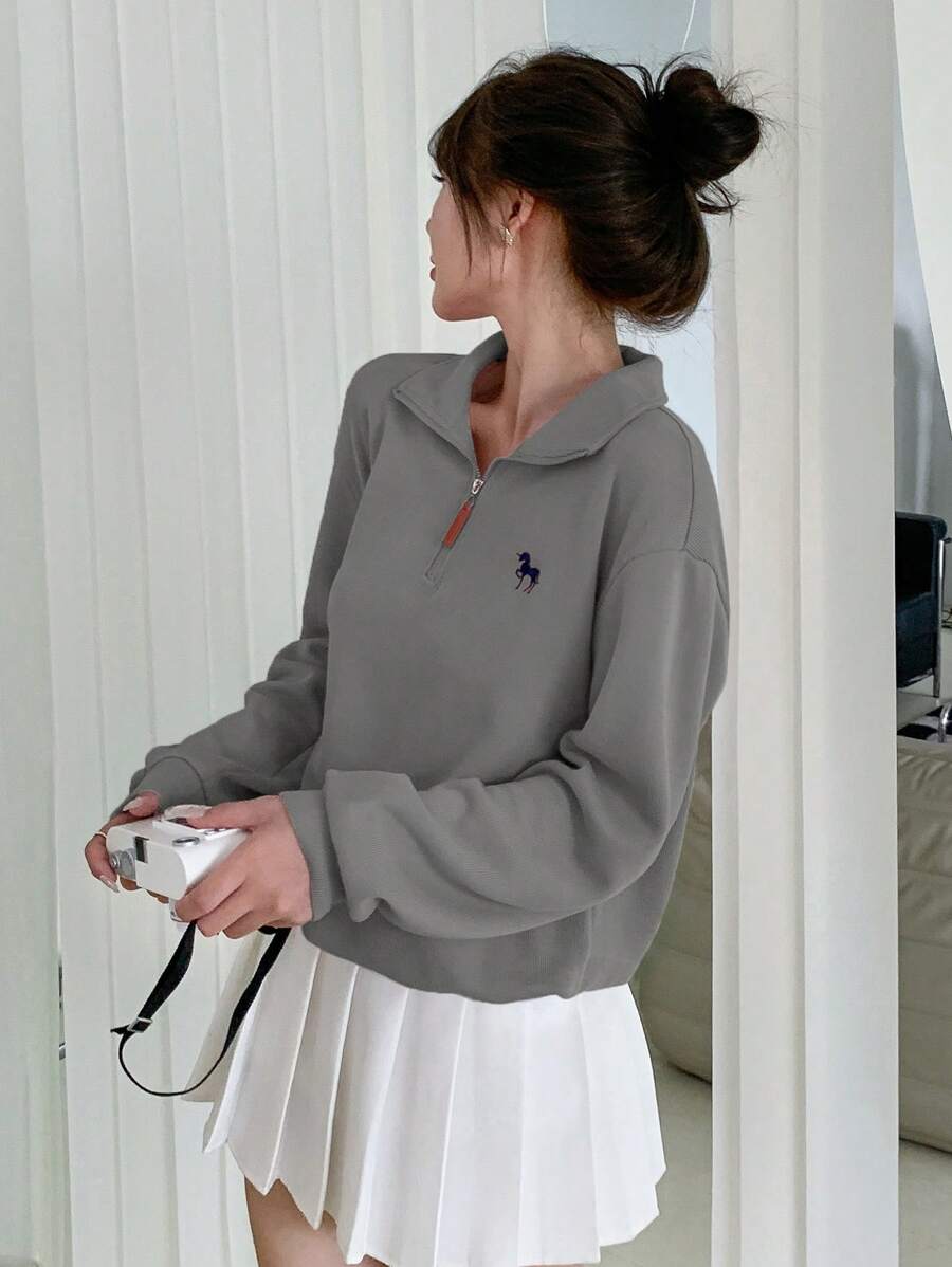 DAZY 女士休闲独角兽图案落肩宽松半拉链卫衣，春秋装，长袖上衣，秋季女装 - 灰色 - 查看 1