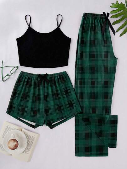Women Camisole Top, Plaid Print Pants Shorts Pajama Set, view 3