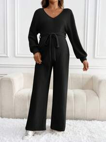 SHEIN Combinaison à manches longues pour femmes enceintes, col en V côtelé torsadé, couleur unie, pour la maternité