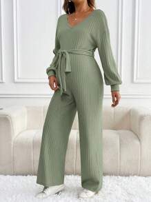 SHEIN Pregnant Women Casual Solid Color V-Neck Dropped Shoulder Loose Waist-Tie Long Sleeve Jumpsuit, Jumpsuit, Spring Autumn, For Maternity - Green - View 5