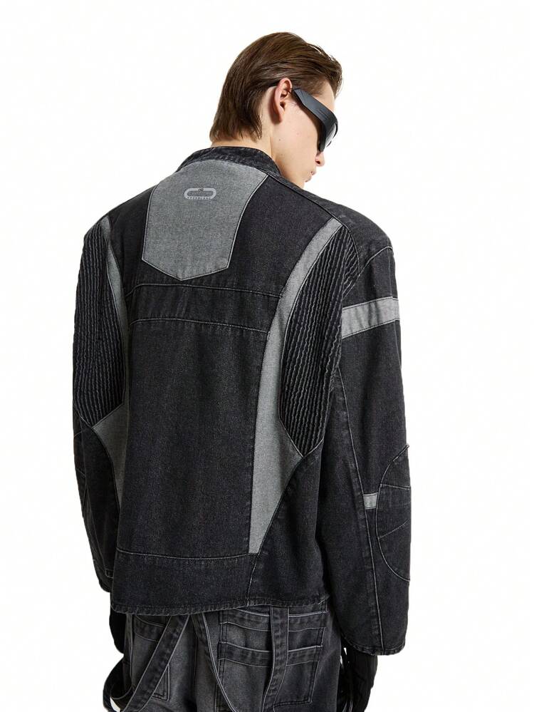 Men's Black Woven Street-Style Letter Print Color Block Cotton Dark Long Sleeve Denim Jacket