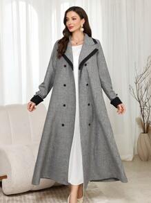 Modelyn 女士编织纯灰色拼接翻领纽扣长袖 A 字形大衣 - 灰色 - 查看 3