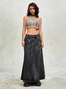 ROMWE Goth 女式复古藤蔓刺绣水钻做旧洗水牛仔不对称下摆 A 字裙