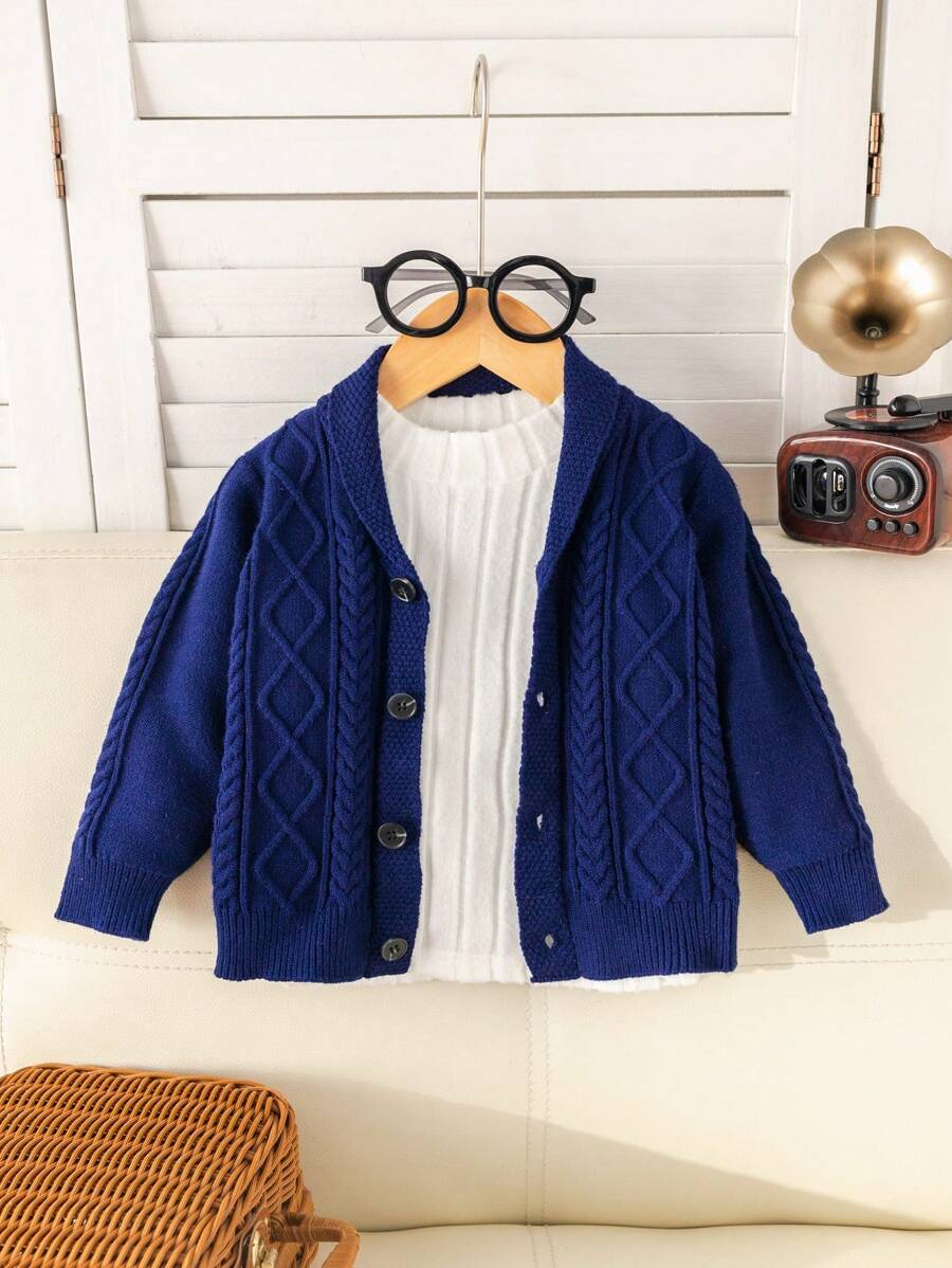 SHEIN Navy Blue V-Neck Cardigans For Baby Boy/Girl,All-Match Loose Fit Cardigans With Button Closure,Suitable For Casual Wear And Outdoor - Navy Blue - View 1