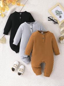 SHEIN Baby Boy 3pcs/Set Cotton Solid Ribbed Jumpsuit, Suitable For Spring And Autumn - Multicolor - View 1
