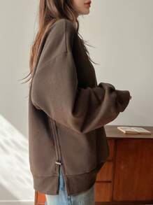 1 pieza Sudadera de mujer de unicolor, cuello redondo, corte holgado, forrada térmicamente, ropa de otoño - Café integral - Ver 11