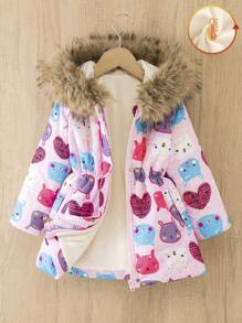 SHEIN Young Girl Cartoon Print Velvet Thickened Padded Coat, 4-7 Years Old, Hooded With Fluffy Collar, Stylish And Padded Coat For Winter