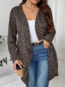 SHEIN LUNE Plus Size Women Leopard Print Long Sleeve Open Front Loose Long Casual Jacket For Autumn/Winter Holiday Outfit Thermal