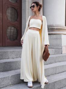 SHEIN Essnce Bộ đồ nữ thu đông 2024 Quần ống rộng thường ngày + Áo ngực đệm ống + Áo len cardigan dài tay xẻ tà dài thêm cho nữ Bộ ba món, Đồ mặc nhà rộng rãi và thường ngày, Bộ ba món dài thoải mái và thân thiện với da - Màu be - Xem 4