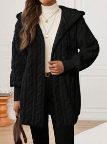 SHEIN LUNE 翻边袖连帽衫，S 型纹理，双面羊羔绒面料，秋冬女士休闲舒适外套 - 黑色 - 查看 6