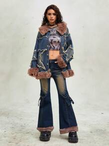 ROMWE Y2K 低腰破洞拼布蓬松下摆修身喇叭牛仔裤 - 藍色 - 查看 3