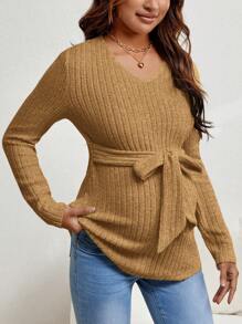 SHEIN Áo thun cổ chữ V tay dài trơn đơn giản cho bà bầu có gân thắt lưng - Màu vàng - Xem 5