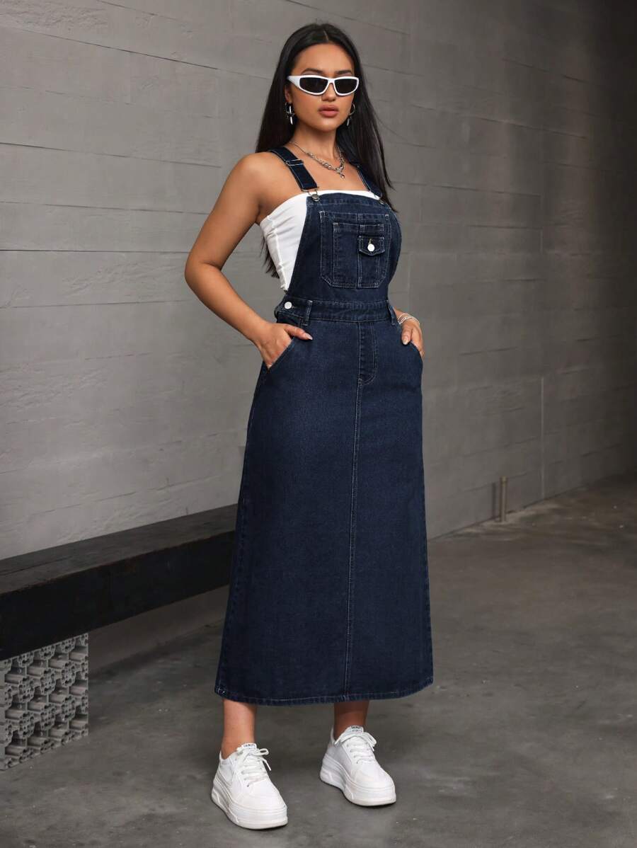 SHEIN EZwear Women Casual Denim Pinafore Dress With Slant Pockets - Medium Wash - View 1