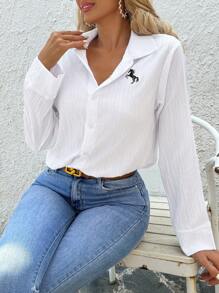 INAWLY Plus Size Women Autumn Horse Print Long Sleeve Button-Up Casual Shirt - White - View 3