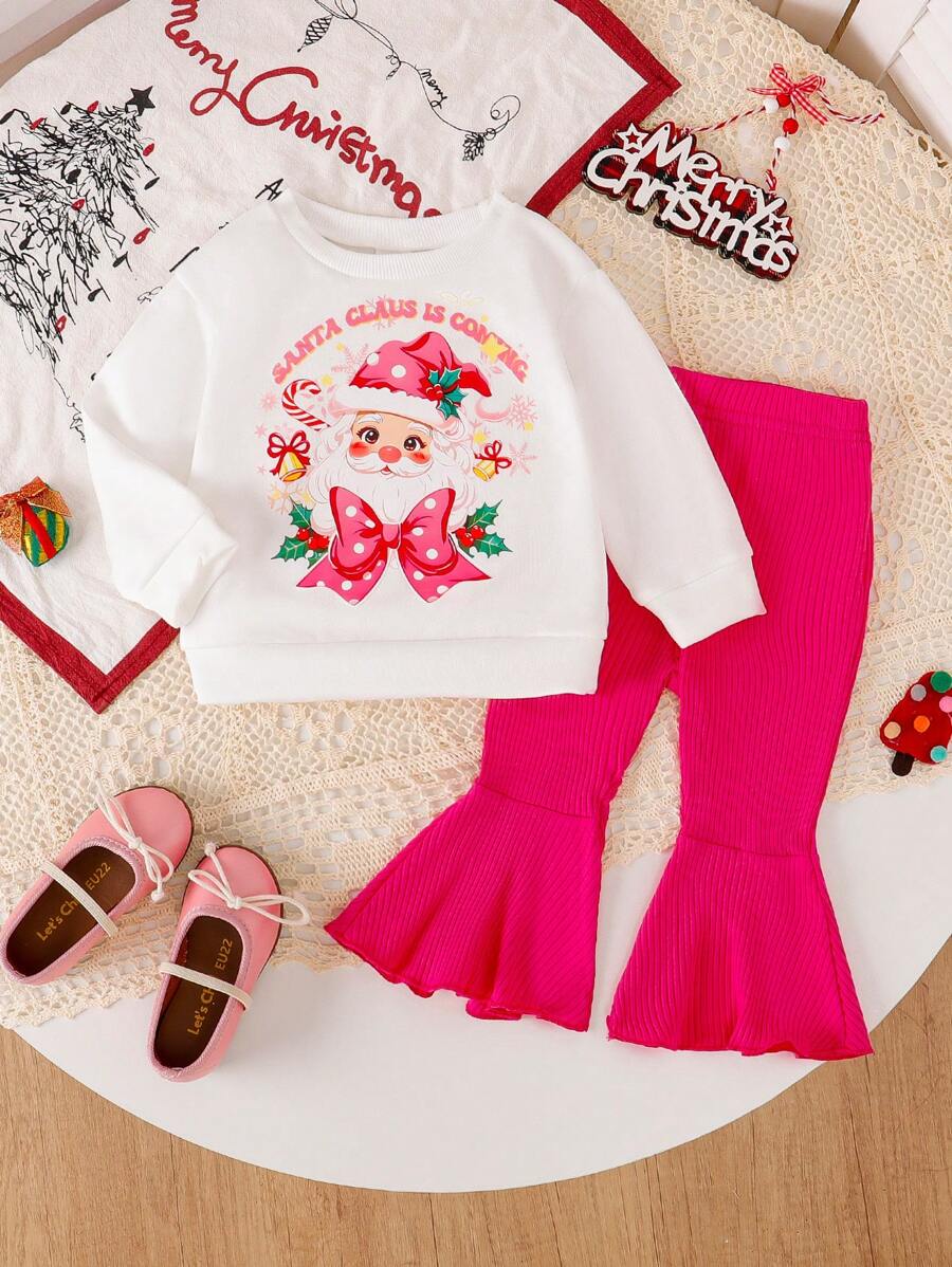 女婴南瓜印花罗纹喇叭裤套装，秋季，圣诞节 - 玫紅色 - 查看 1