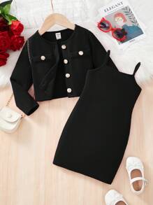 SHEIN Casaco aberto jovem elegante e da moda em cor sólida com vestido de alças