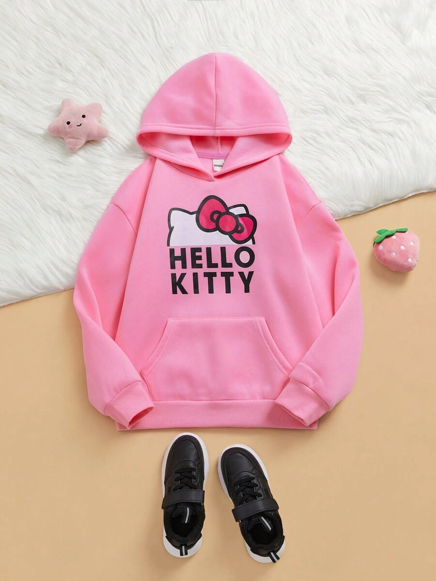 HELLO KITTY AND FRIENDS | SHEIN 少女可爱宽松粉色连帽运动衫，配卡通蝴蝶结印花