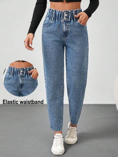 SHEIN Tall ג'ינס לנשים גזרה קז'ואל מכנסיים צמודים מותן רחב ג'ינס כחול גבוה נשים ג'ינס נשים מכנסי חורף נשים תחפושת קאוגירל, בגדי סתיו נשים