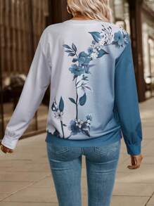 SHEIN Clasi Áo nỉ dài tay cổ tròn in hoa cỡ lớn thường ngày cho nữ, mùa thu/đông - Xanh và trắng - Xem 2