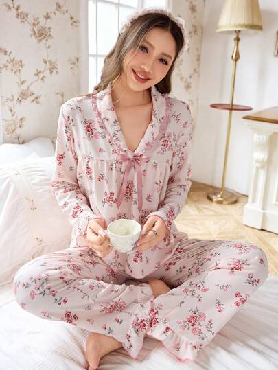 CottageSlumber CottageSlumber Women's Comfy Ditsy Floral Bowknot Decor Top And Pants Sleepwear Set, Autumn Holiday Season, Cozy And Elegant Details, Fall Clothes