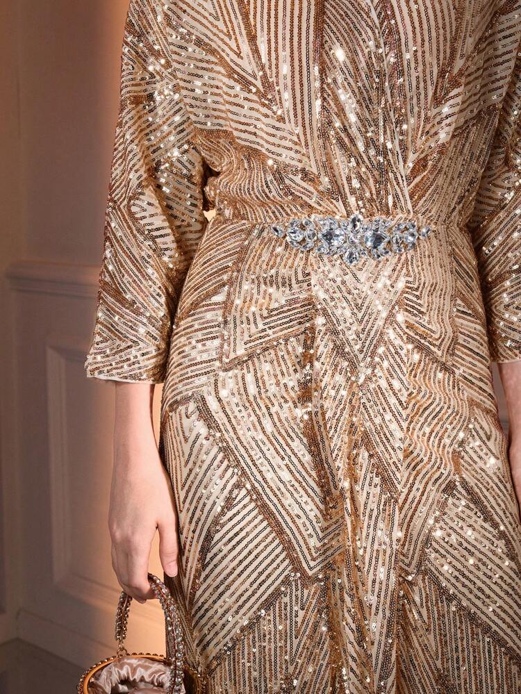 The Great Gatsby x MOTF SEQUINS RHINESTONE WAIST SURPLICE NECK MERMAID HEM LONG DRESS