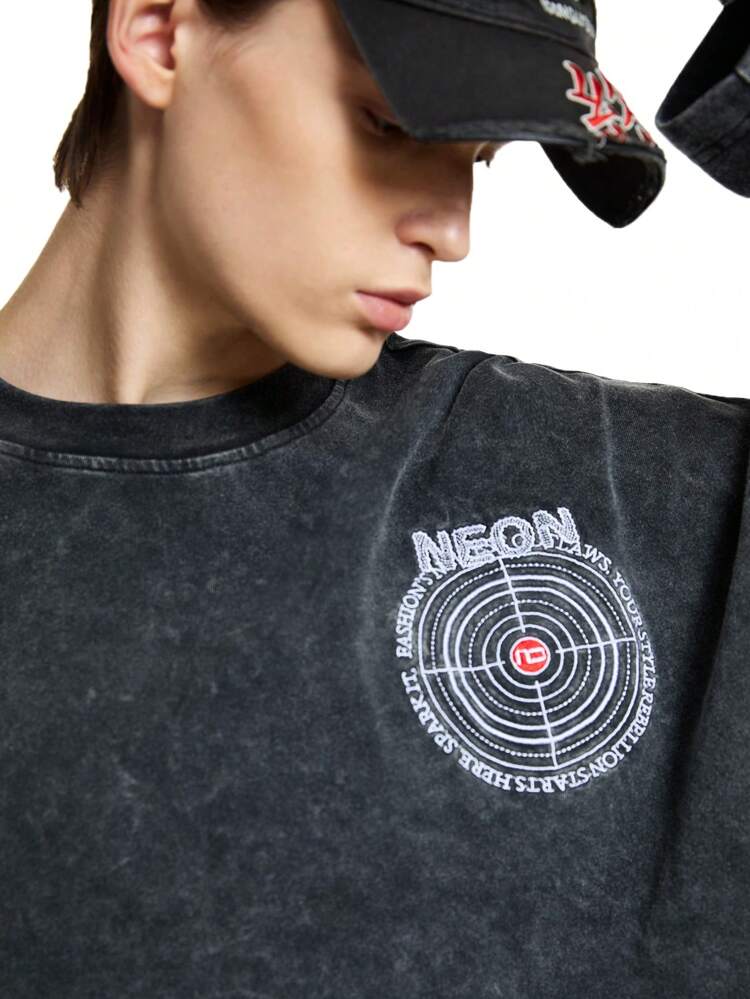Men Knitted Crewneck Long Sleeve Cotton T-Shirt With Bullseye & Salt Flake Graphic Print, Fashion, For Rapper, Boxy Tee