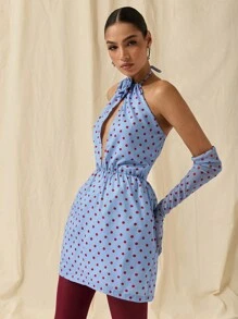 COSMINA Dames Vintage Stijl Polka Dot 3D Bloemen Decor Halter Hals Mini Jurk