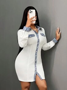 Slaydiva 2024 Nieuwe herfst lange mouw shirt patchwork denim effect print mini bodycon jurk voor vrouwen