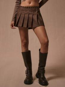 MUSERA 缝线腰褶PU迷你裙 Y2k 夏季感恩节派对 - 棕色 - 查看 2