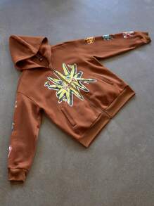 PAVTROS Manfinity Streetrush Men's Graphic Print Front Zipper Casual Hoodie Sweatshirt,Graphic Sweatshirt,Boy Friend Gifts,Funny Graphic Men Sweatshirt,Brown Sweater