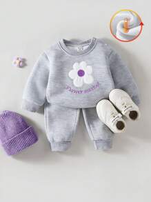 SHEIN Baby Girls 2024 New Collection Crew Neck Sweatshirt With Embroidered Flower & Letter Design, Autumn/Winter Casual 2pcs Set
